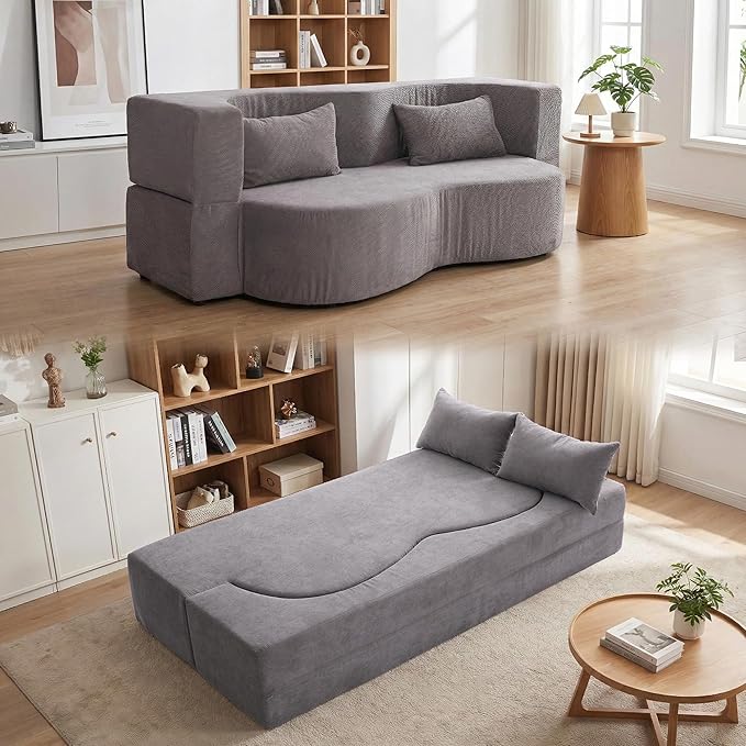 78.35 Loveseat Sofa Bed Modern 2-in-1 Convertible Curved Floor Love Seat Couch Teddy Fabric Memory Foam Cloud Couch with 2 Pillows No Assembly for Living Room Apartment Small Space (Grey)