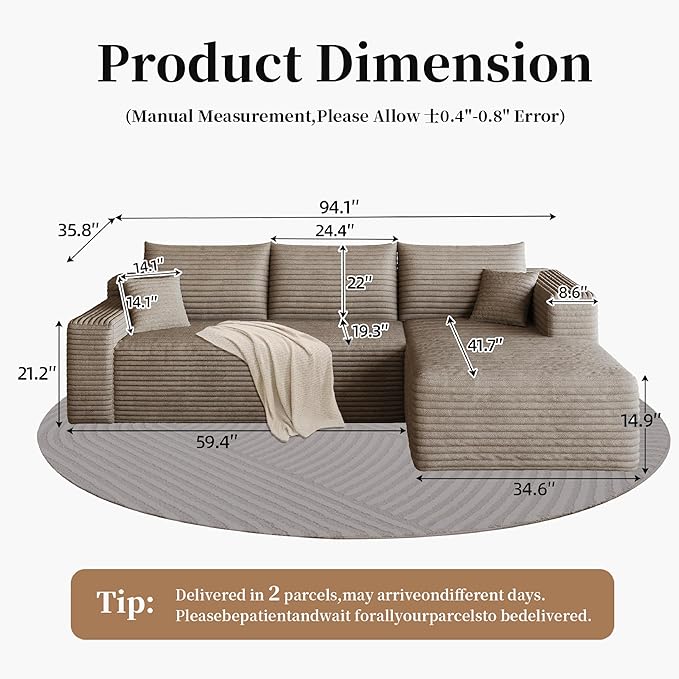 96 Cloud Small Sofa for Small Space L-Shaped Modular Sectional with Chaise for Apartment and Dorm Camel Corduroy Deep Seat Boneless Couch No Assembly Required (Camel Right Facing Chaise)