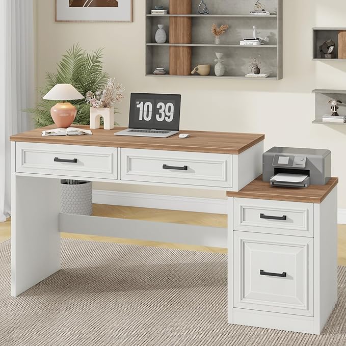 Vabches 61 Farmhouse Computer Desk with Storage and File Drawer Executive Desks with Printer Stand Rustic Large Home Writing Desk for Home Office.