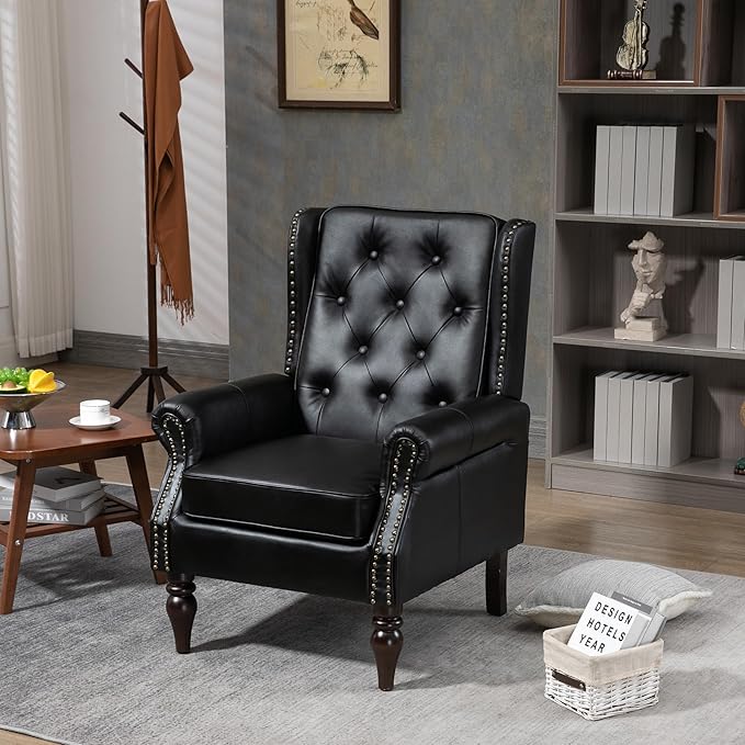 Homtique Faux Leather Accent Chair Modern Living Room Chairs Button Tufted Wingback Armchair with Wood Legs Upholstered Bedroom Chair with Rivet Decoration Leisure Reading Chair Black