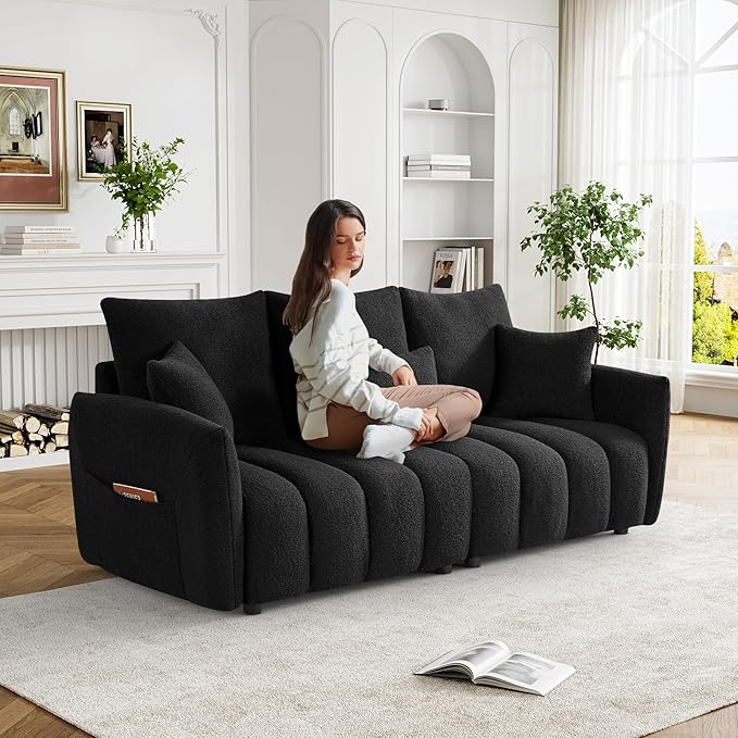 OUYESSIR Boucle Sofa Cloud Couch 80.2 Modern Comfy Teddy Sofa Deep Seat Futon Couch with Pillows Soft Upholstered 3 Seater Sofa Oversized Loveseat Sofas for Living Room Apartment Black