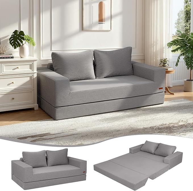 COMAX Convertible Sofa Bed Queen Corduroy Folding Floor Couch Pull Out Couch Bed Futon Sleeper with Pillows Fold Out Boneless Sofa Comfy Lounge Mattress Loveseat for Living Room Bedroom Light Grey