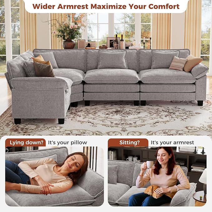 CDCASA 117 Oversized Modular Sectional Sofa with Corner Comfy L-Shaped Cloud Couch 4-Seater Chenille Deep Seat Modern Sofa Couch for Living Room DIY Combination Grey