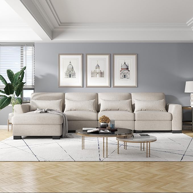 Modular Sectional Sofa - 130 Convertible Sectional Couch with 4 Pillow 4 Seat Oversized Modular Couch with Storage Ottomans L-Shaped Couches for Living Room Apartment Lounge Beige