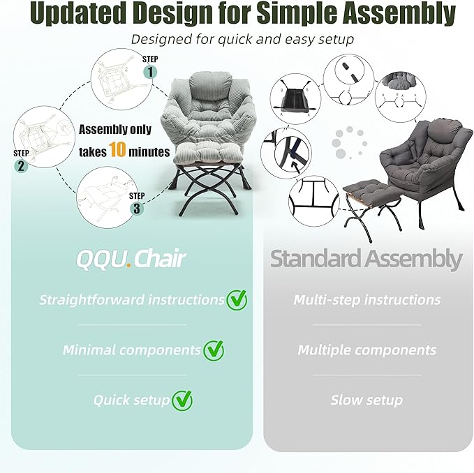 QQU Lazy Lounge Chair with Ottoman Plush Reading Armchair with Footrest &amp Side Pocket Indoor Accent Chair and Ottoman Set for Living Rooms Bedrooms Small Spaces Dorms Apartments Light Green