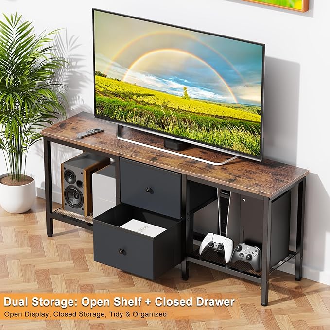 TV Stand Suitable for TVs up to 55 Inches Entertainment Center with Storage Drawers and Shelves Media Console Table for Living Room and Bedroom (Brown Black)