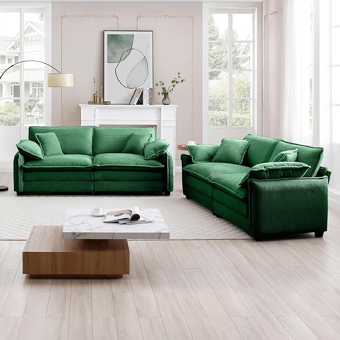Aoowow 2 Pieces Modular Sectional Sofa Set of Loveseat CouchModern Corduroy Comfy Cloud Deep Seat Couches Set with 4 Throw Pillows and 4 Arm Pillows for Living Room Apartment(Green)