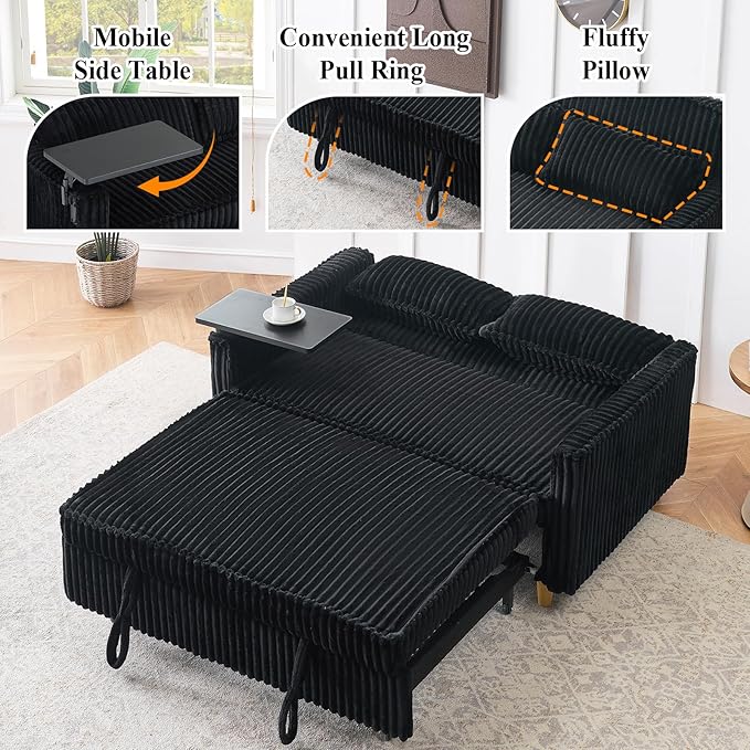 3 in 1 Pull Out CouchCorduroy Upholstered Convertible Sleeper Sofa Bed with Movable Side Table Modern Multifunctional Sofa with USB Port Cushioned Couch for Living Room (Black)