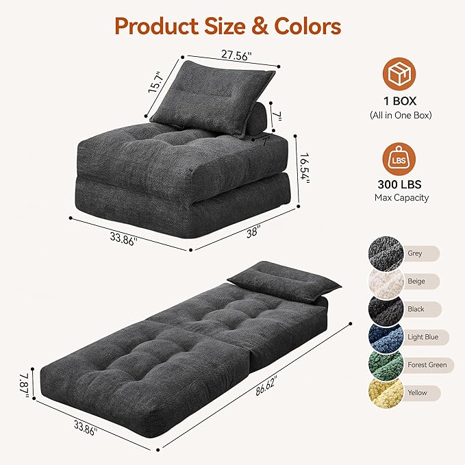 Folding Sofa Bed Fold Out Chair Bed with Pillow Convertible Sleeper Chair for Living Room/Guest Room Foldable Lazy Sofa Bed Floor Chair Comfy Teddy Velvet Couch Bed Grey