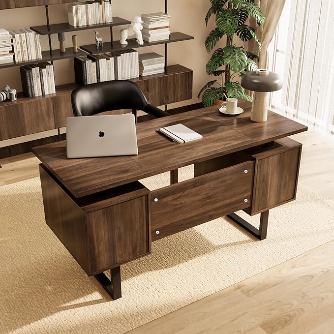 LEEMTORIG Computer Desk with Drawers 59 inch Large PC Desk Gaming Desk Modern Industrial Study Student Writing Table Workstation for Home Office Bedroom Walnut Brown CTSZ-20401-WA