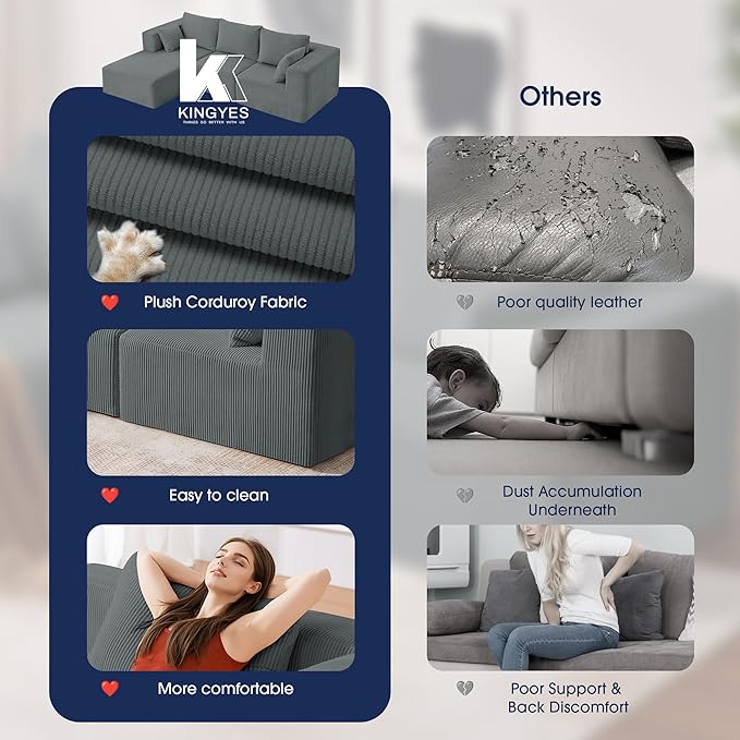 KINGYES 107'' Modular Sectional Sofa L Shaped Cloud Couch for Living Room Modern Boneless Sofa with Chaise for Bedroom Light Gray
