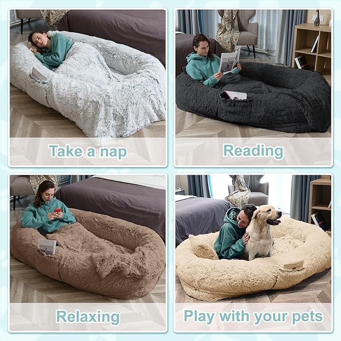 YAEM Human Dog Bed 71x45x12 Calming Giant Human Size Dog Bed for Adults Washable Faux Fur Orthopedic Napping Pet Beds with Non-Slip Bottom Dark Grey