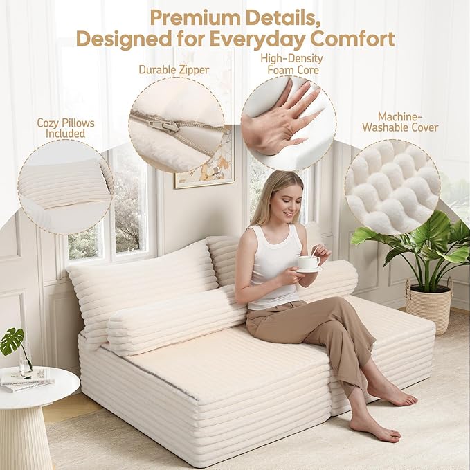 MeMoreCool Convertible Sofa Bed Folding Floor Couch Bed Queen Pull Out Sleeper Couch with Pillows Fold Out Futon Sofa for Bedroom Living Room Small Space Soft Corduroy