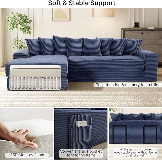 110 Boneless Couches for Living Room Cloud Modular Sectional Sofa Bed Customizable Convertible Sleeper Sofa Plush Corduory Folding Futon Floor Couch No Assembly(BlueLeft)