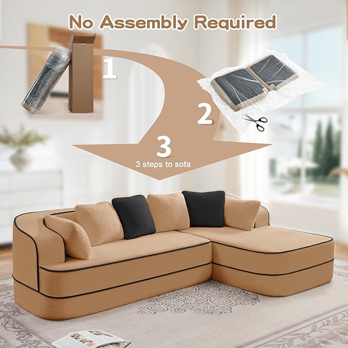 105.9 L-Shaped Boneless Sofa Right Chaise Plush Teddy Fabric 3-Seater Sectional Couches with 32D High-Resilience Foam Wide Arms for Living Room ApartmentCamel