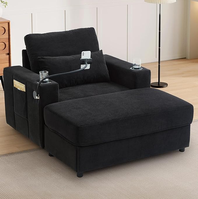 42.5 Oversized Armchair with Ottoman Storage Overstuffed Chair and a Half with Cup Holders &amp USB Port Chenille Accent Chairs for Bedroom Living Room Reading Phone Holder Side Pocket (Black)