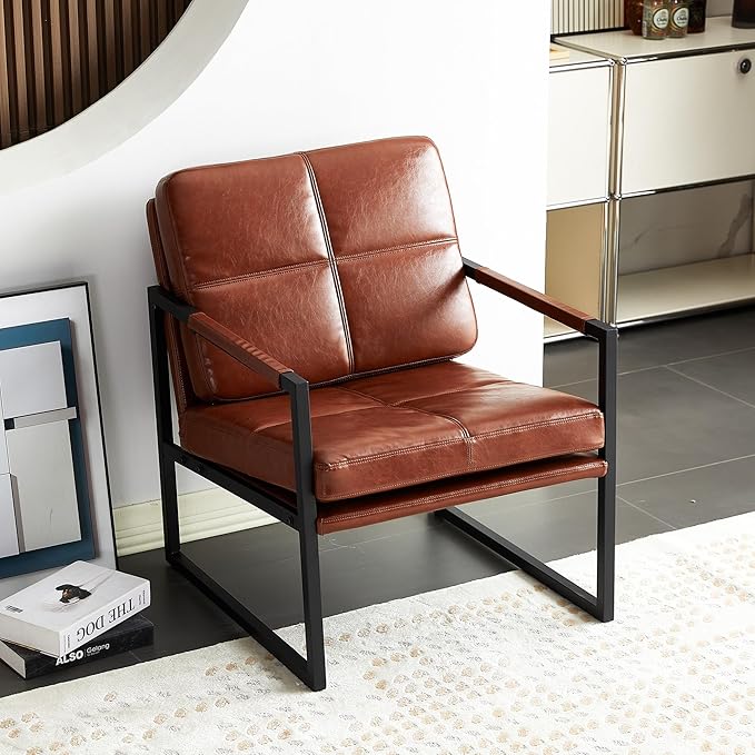 Red Brown PU Leather Leisure Black Metal Frame Recliner Chair for Living Room and Bedroom Furniture