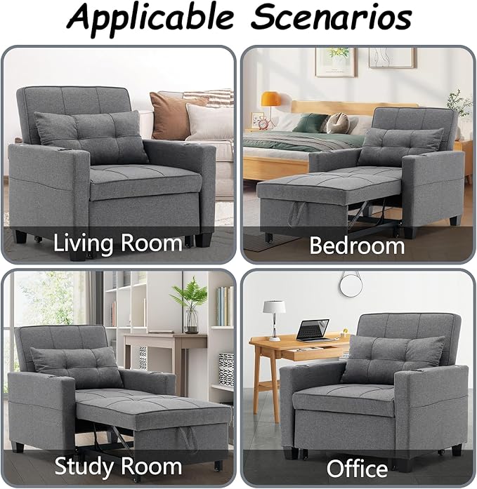 Sleeper Chair Bed Convertible Chair Bed Pull Out Chair Beds with USB Charging &amp Cupholders Adjustable Backrest Leather Futon Chair Bed for Living Room Bedroom (Grey(Linen))