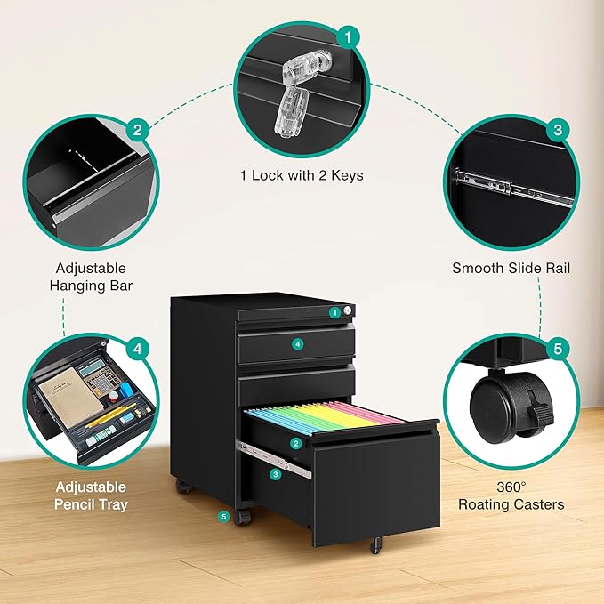 3 Drawer File Cabinet with LockUnder Desk File Cabinet with WheelsBlack Rolling Filing CabinetsThree Drawer Metal Filing Cabinet for Home OfficeFit A4/Letter/Legal File- Assembly Required