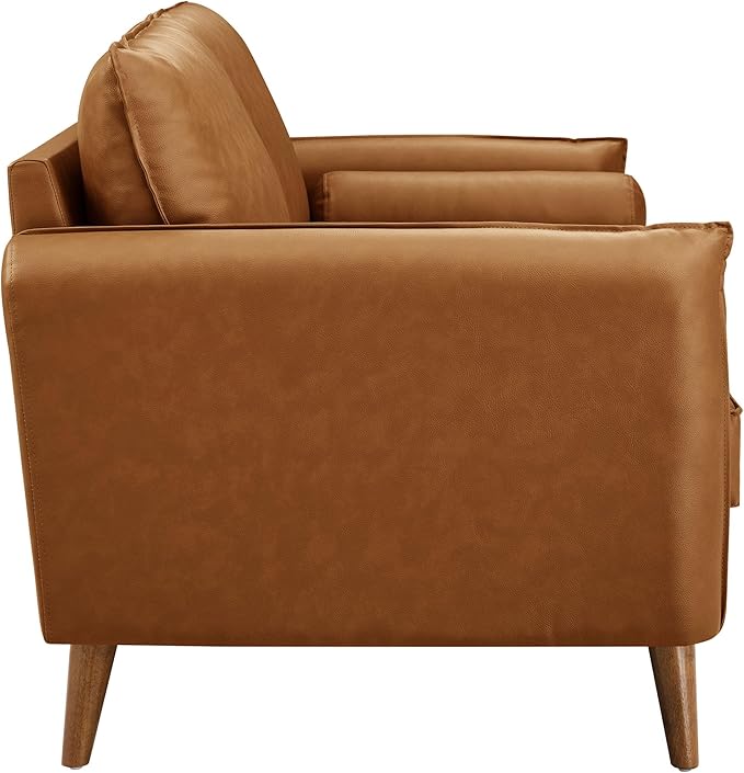 Modway Revive 72 Inch Faux Leather Sofa in Tan – 3 Seater PU Leather Couch with Cozy Wide Seats - Mid-Century Modern Upholstered Sofa for Living Room or Office