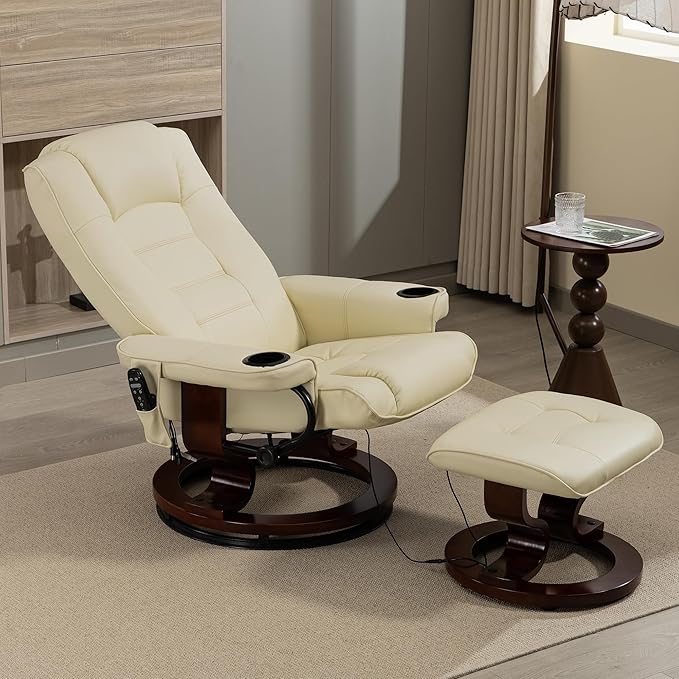 8-Point Massage Recliner with Ottoman Heated PU Leather Reclining Chair w/Solid Wood Base Indoor Lounge TV Chair with Footrest for Living Room and Bedroom Beige