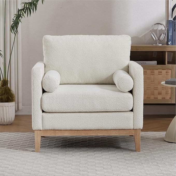 Mlmh &amp Kngwa 35.43 W Modern Accent Chair for Bedroom Upholstered Accent Chairs Single Sofa Chair with Natural Wood Legs Comfy Armchair for Living Room Office Ivory
