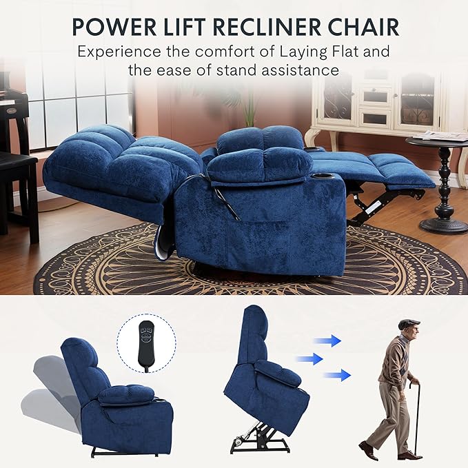 FLEXISPOT XL5 Dual OKIN Motor Power Lift Recliner Chair for Elderly Lay Flat Electric Recliner with Massage &amp Heat USB Ports Fabric Reclining Sofa for Living Room Bedroom Blue