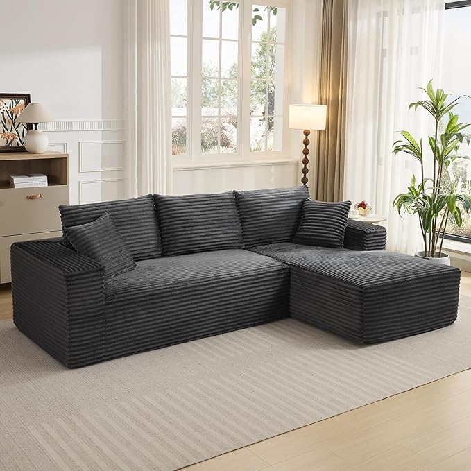 108 Cloud Sectional Couch with L-Shape Chaise Modern Modular Sofa with Deep Seat Boneless Cloud Couches for Living Room Bedroom No Assembly Required Plush Corduroy (Dark Gray Right Facing Chaise