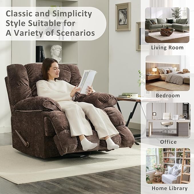 Oversized Recliner Chair Overstuffed Swivel Rocker with Extra Wide Seat &amp Breathable Fabric for Living Room (Manual Brown)