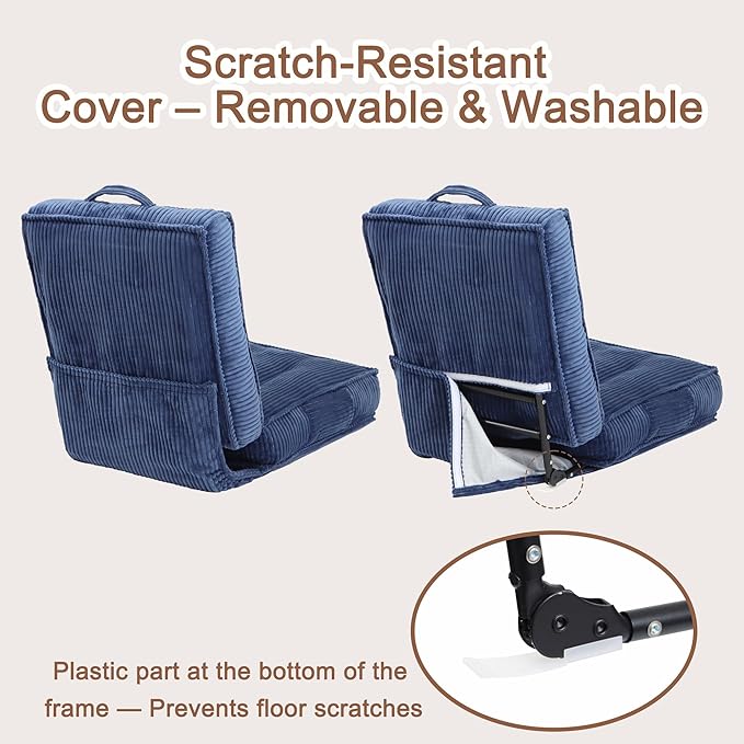 Adjustable Floor Chair with Back Support 6-Position Folding Meditation Chair Floor Sofa Chairs for Adults Comfy Accent Chairs for Reading Gaming Living Room Bedroom Navy Blue