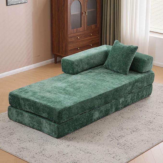 Antetek Modular Futon Sofa Bed Convertible Folding Chenille Comfy Memory Foam Floor 3 Seater Loveseat Sleeper Sofa Couch Bed Chaise Lounge with 2 Pillows for Guest Room Living Room Office Green