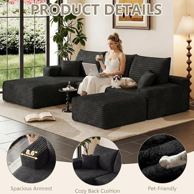 95 Modular Sectional Sofa Cloud Sectional Couch with Deep Seat Corduroy Boneless Couch with U Shaped Couch for Living Room No Assembly Required(Black Left Facing Chaise)