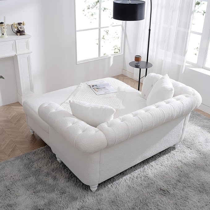 62.99 Chaise Lounge Indoor Comfy Reading Chair with 2 Pillows Loveseat Chesterfield Sofa with Tufted Back &amp Rolled Arm Oversized Chaise Lounge Couch Indoor for Living Room White Teddy