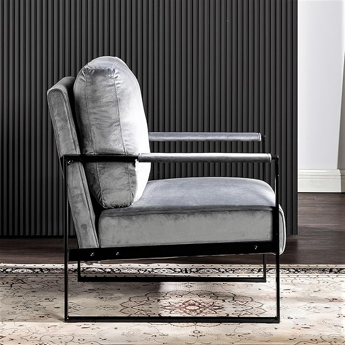Modern Accent Chair for Living Room Bedroom Mid Century Arm Chair Velvet Office Accent Chair Reading Chair with Metal Frame for Balcony Lounge Grey