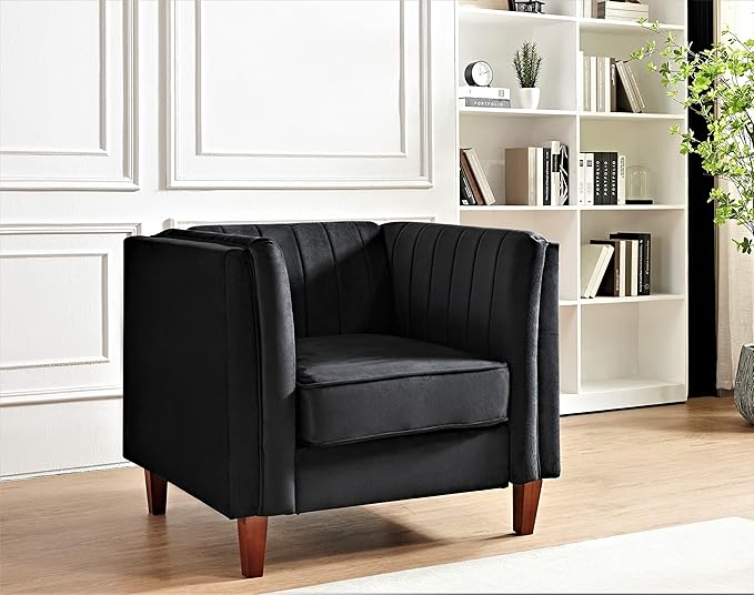 Container Furniture Modern Luxury Velvet Chair for Living Room with High Density Foam Soft Fabric Upholstery Removable Cushions and Solid Wood Legs 36.6'' Wide Armchair Black