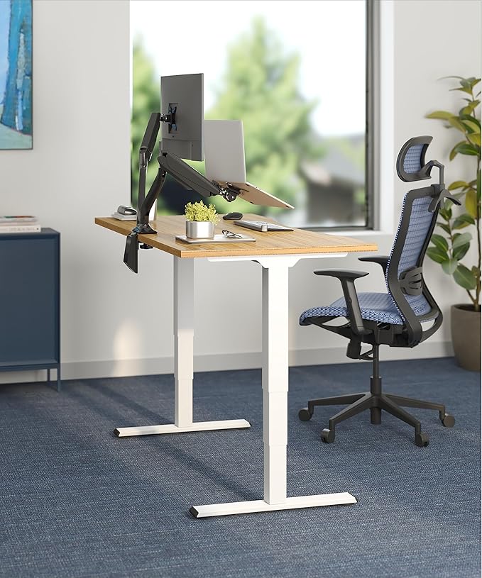 FlexiSpot E6 Bamboo 3-Stage Dual Motor Electric Standing Desk 55 x 28 Sit Stand Up Desk Holds 220 lbs Adjustable Height w/ Memory Presets Solid Bamboo Curved Desktop &amp White Frame Ships in 2 B