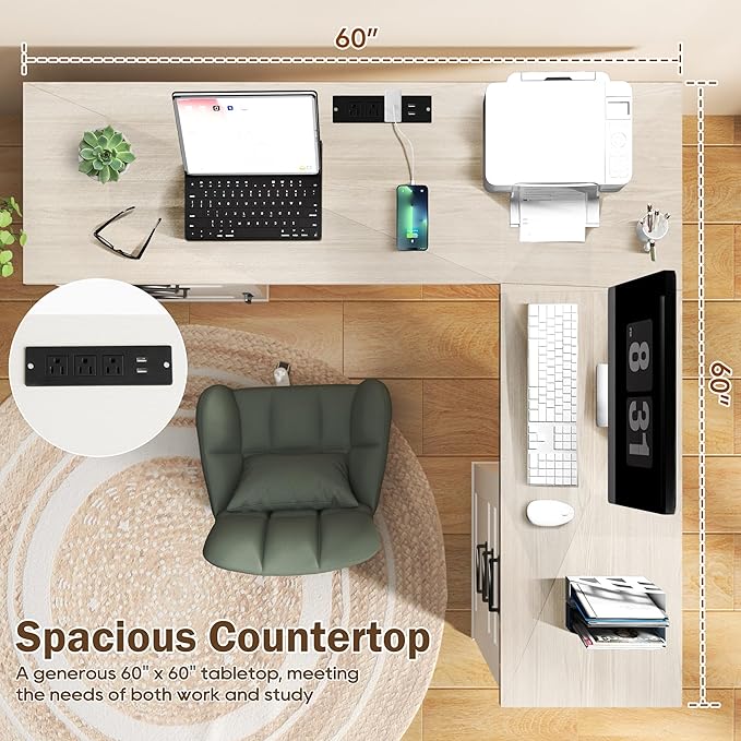 Farmhouse L Shaped Executive Desk 60 Home Office Desk with Drawers &amp Charging Station Wood Corner Computer Writing Desk with File Drawer and Storage Cabinet for Home Office (Light Grey)
