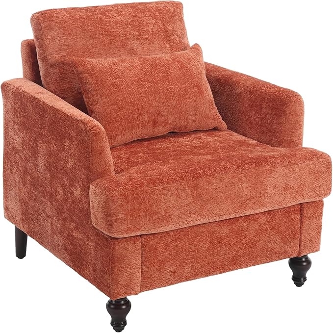 Mid Century Modern Accent Chair with 2 Pillows Chenille Upholstered Armchair with Solid Wood Legs and Thick Cushion Tufted Club Chair Comfy Reading Chair Lounge Chair for Living Room Bedroom Orange