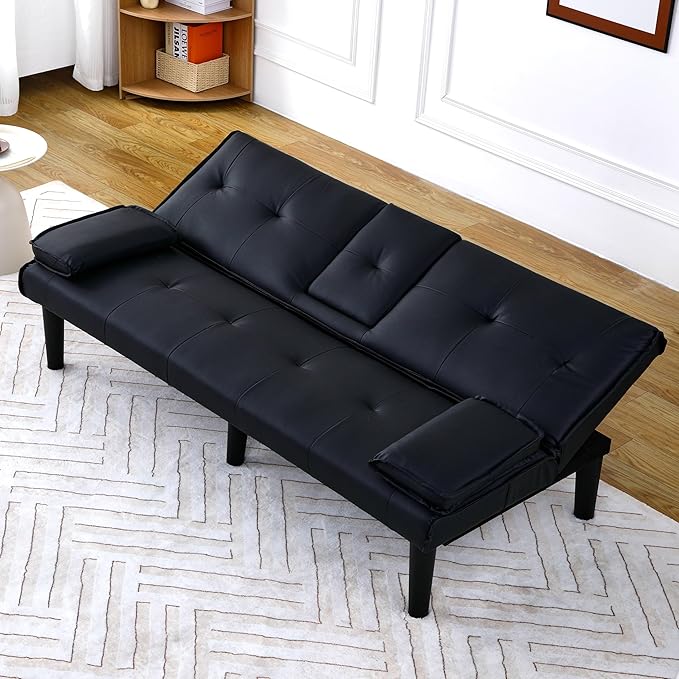 KEIKI 3 in 1 Convertible Sleeper Sofa Bed PVC Loveseat with Cup Holder Foldable Futon Sofa Bed for Living Room Guest Room Dorm Black