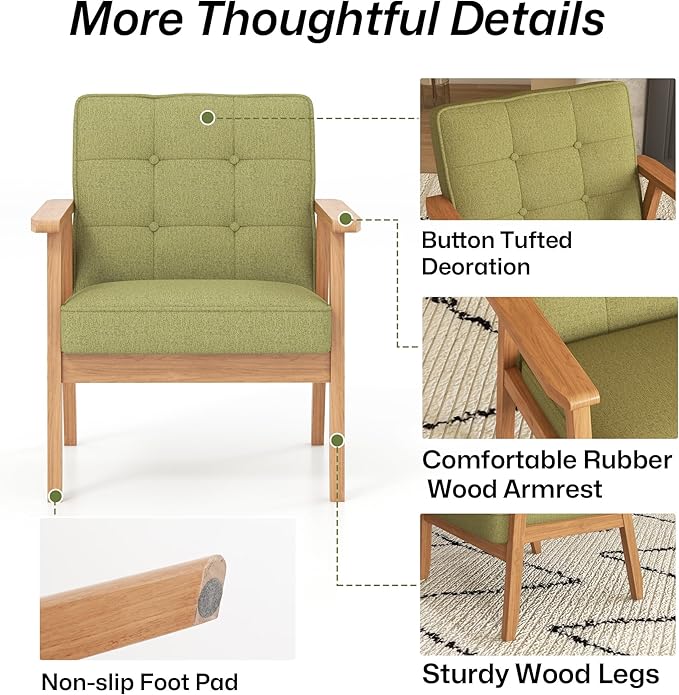Modern Accent Chair with Arm Rest Upholstered Linen Fabric Leisure Chair Comfy Side Chair with Backrest Button and Wooden Frame for Living Room Bedroom Reading(Green)