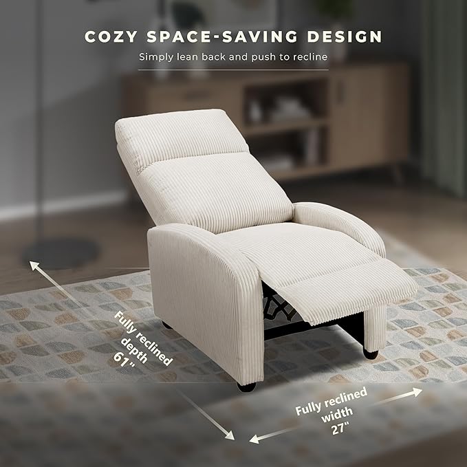 Lexicon Corduroy Pushback Recliner Chair Armchair Push Back Recliner Solid Wood Frame and Metal Base Easy Assembly Small Soft Single Sofa Accent Chair for Living Room/Office/Apartment Beige