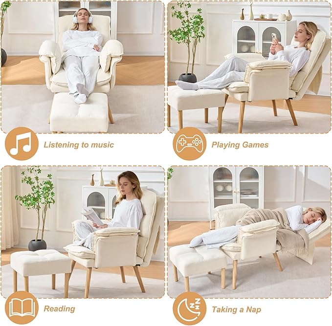 Accent Chair with Ottoman Comfy Living Room Chair with Adjustable Backrest Upholstered Lounge Chair with Removable Cushion for Living Room BedroomBeige