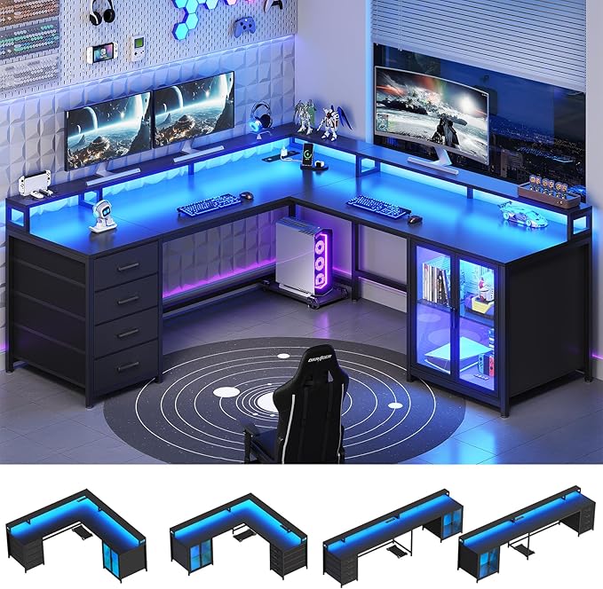 SEDETA L Shaped Gaming Desk with 4 Drawers 109” Computer Desk with Display Cabinet Home Office Desks with 2 Monitor Stands CPU Stand LED Lights and Power Outlet Black