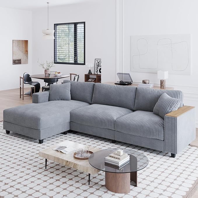 Modular Sectional Sofa 114.5 Convertible L Shaped Couch with Corduroy Fabric 3 Seater Corner Sleeper Sofa with Chaise Storage Armrests &amp 2 Pillows Modern Comfy Upholstered Couches for Living
