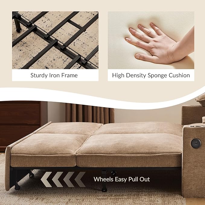 82.7’’ King Size Pull Out Sofa Bed 3 in 1 Convertible Sleeper Sofa Bed with Futon Sofa  Chenille Loveseat Couch Bed with USB Ports and Storage Pockets for Living RoomBedroom Pet-Friendly (Khaki)