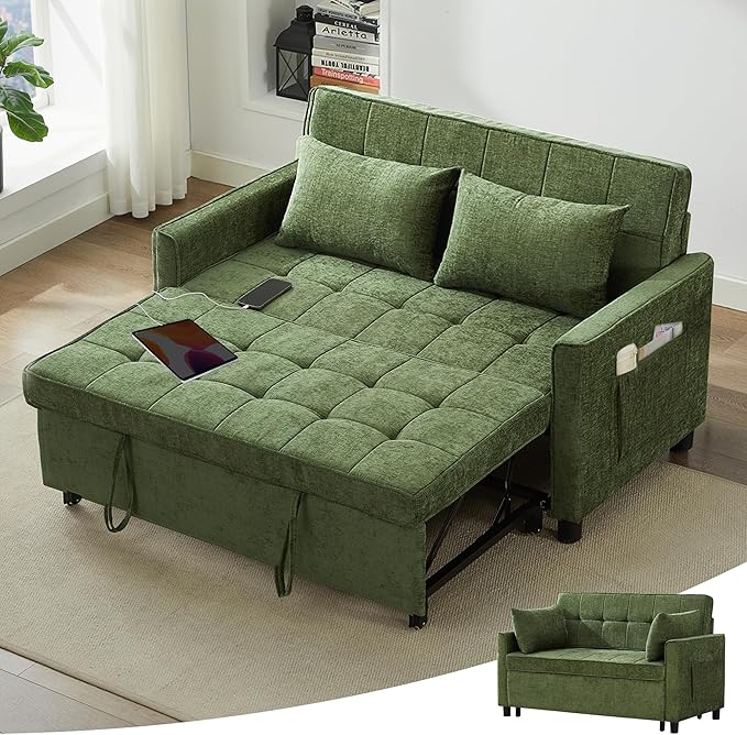 Tbfit 57 Convertible Sofa Bed Chenille Futon Sleeper Sofa Couch with Pullout Bed USB &amp Adjustable Backrest Queen Size Pull Out Loveseat Couches for Living Room Apartment Office Dorm Green