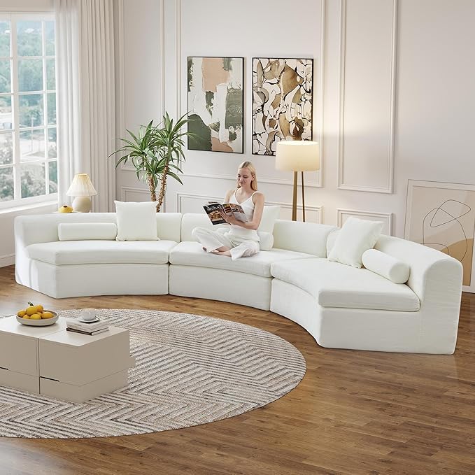 AVZEAR Curved Modular Sectional Sofa Chenille Upholstered Cloud 3 Seater Couch for Living Room No Assembly Modern Love Seat Sofa with 3 Bolster Pillows &amp 3 Square Pillows High-Density Foam Whi