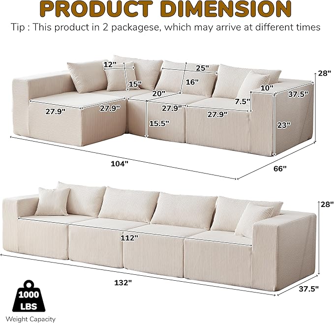 104 Modern Modular Sectional Sofa with Chaise &amp No Assembly Deep Seat 4-Seater L-Shaped Boneless Couch with Memory Foam &amp Corduroy Fabric Comfy Sectional Couches for Living Room Beige