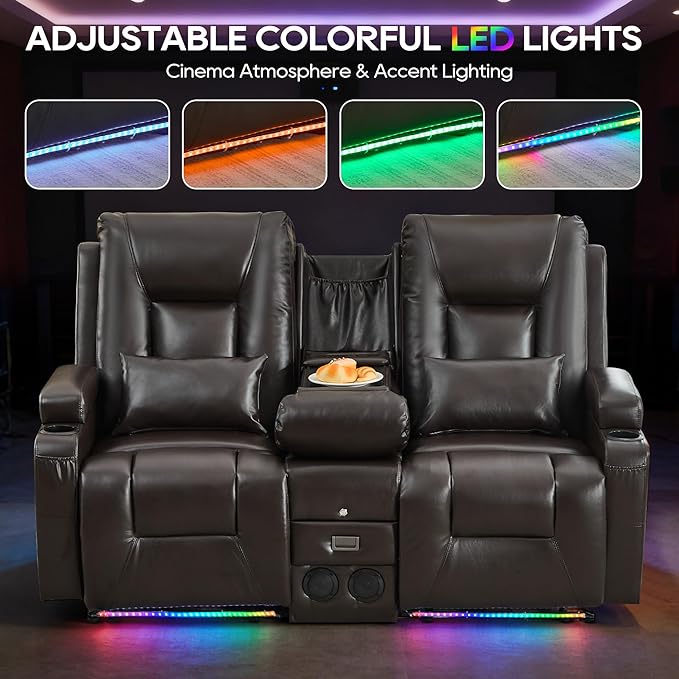 IPKIG Power Recliner Loveseat with Console Zero Wall Hugger Sofa Couch PU Leather 2-Seater Sofa with LED Lights AC Outlets USB Ports Brown | Storage Drawer Bluetooth Speaker Living Room Chair