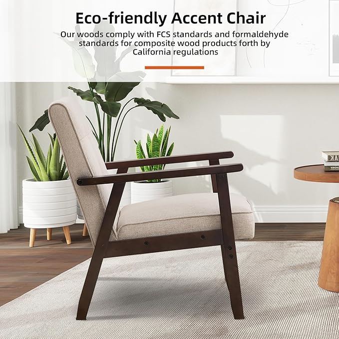 Accent Chair Mid Century Modern Chair for Living Room Comfy Fabric Armchair with Solid Wood Frame Soft Thick Padded Side Chairs Easy Assembly (1 Fabric Beige)